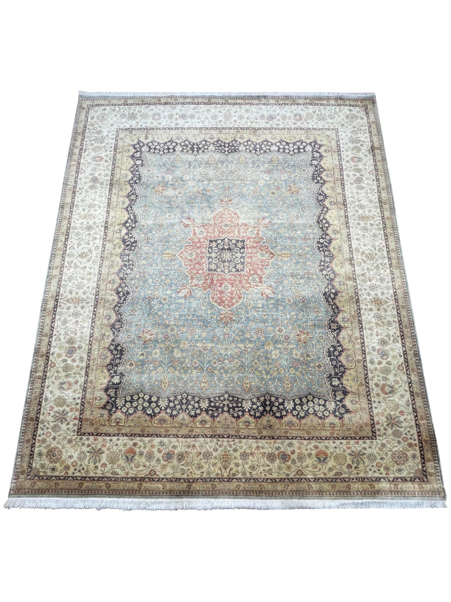 Blue and Ivory Pure Silk Traditional Luxury Handknotted Area Rug