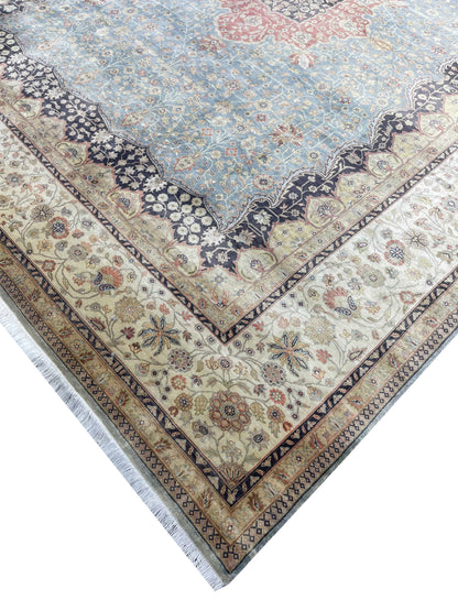 Blue and Ivory Pure Silk Traditional Luxury Handknotted Area Rug