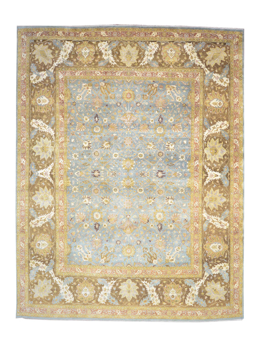 Brown and L. Blue, Pure Wool Regular Traditional Handknotted 11.11x14.8Ft 364x448Cms Area Rug