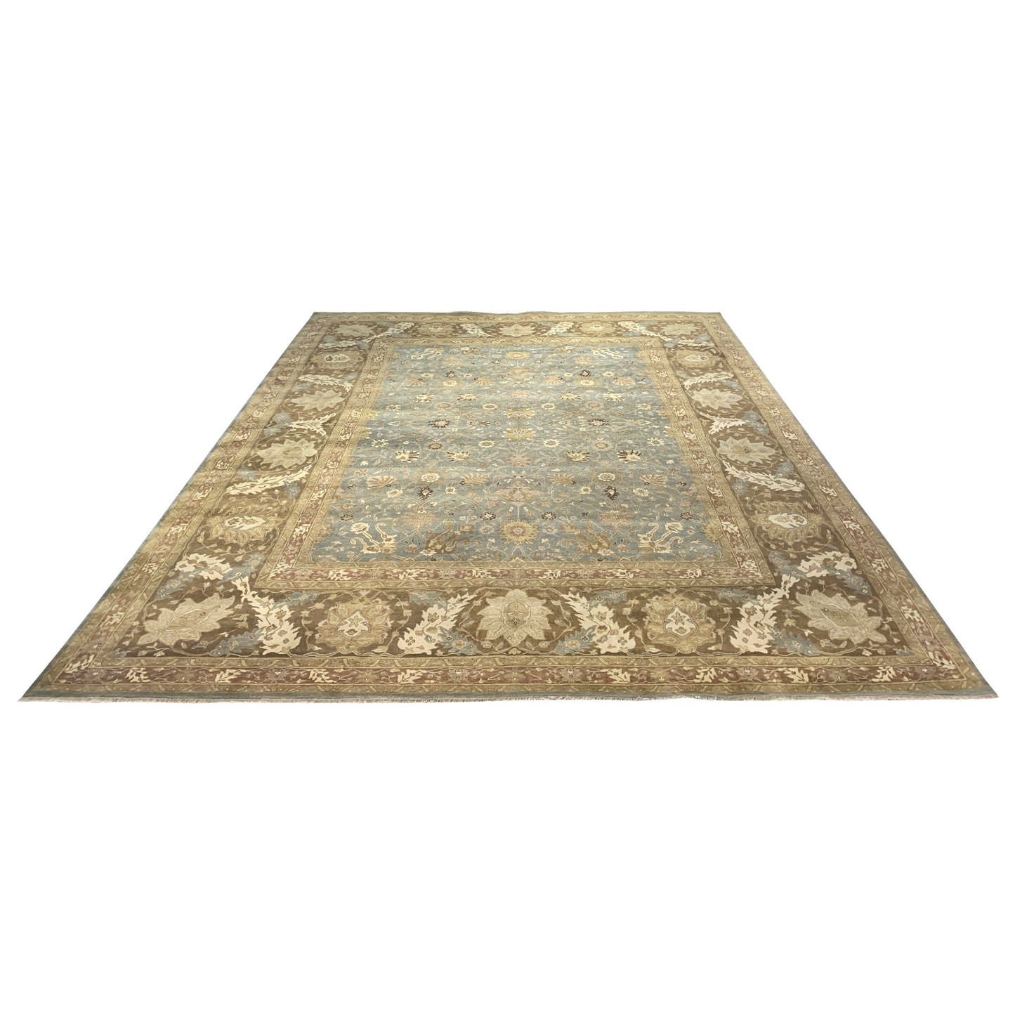 Brown and L. Blue, Pure Wool Regular Traditional Handknotted 11.11x14.8Ft 364x448Cms Area Rug