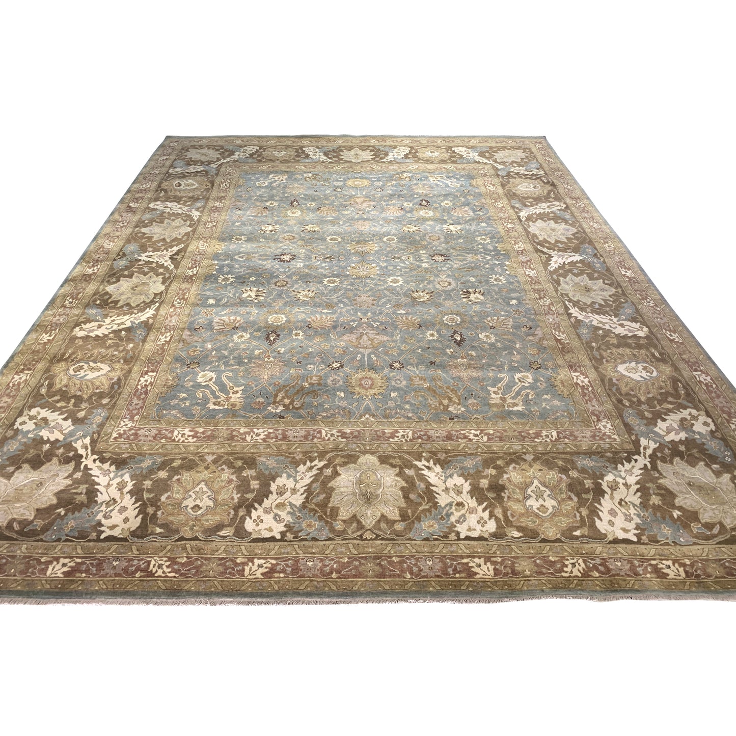 Brown and L. Blue, Pure Wool Regular Traditional Handknotted 11.11x14.8Ft 364x448Cms Area Rug