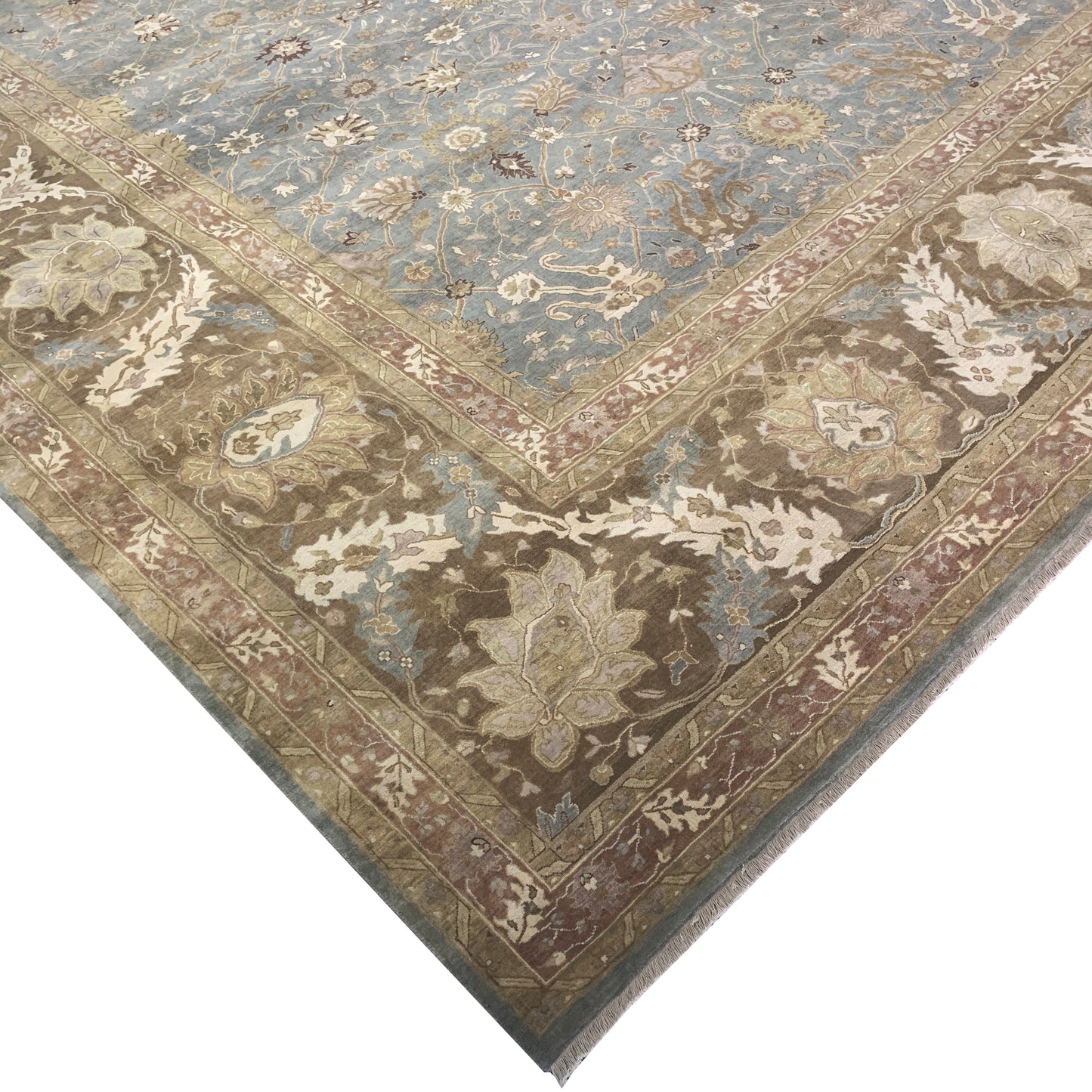 Brown and L. Blue, Pure Wool Regular Traditional Handknotted 11.11x14.8Ft 364x448Cms Area Rug