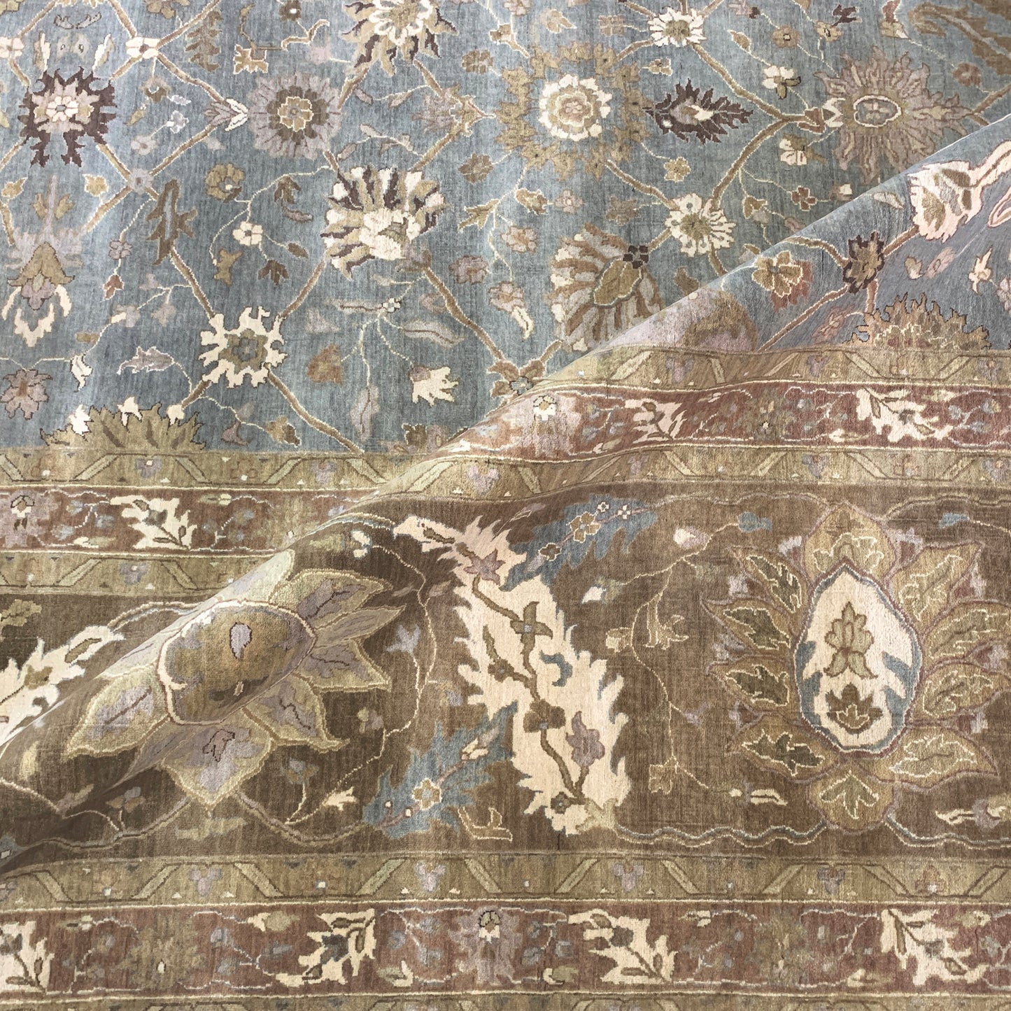 Brown and L. Blue, Pure Wool Regular Traditional Handknotted 11.11x14.8Ft 364x448Cms Area Rug