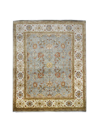 Mughal Light Blue, Ivory and Camel Traditional Jaipur Pure Wool Luxury Handknotted Area Rug