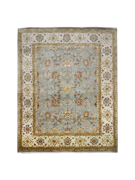 Mughal Light Blue, Ivory and Camel Traditional Jaipur Pure Wool Luxury Handknotted Area Rug