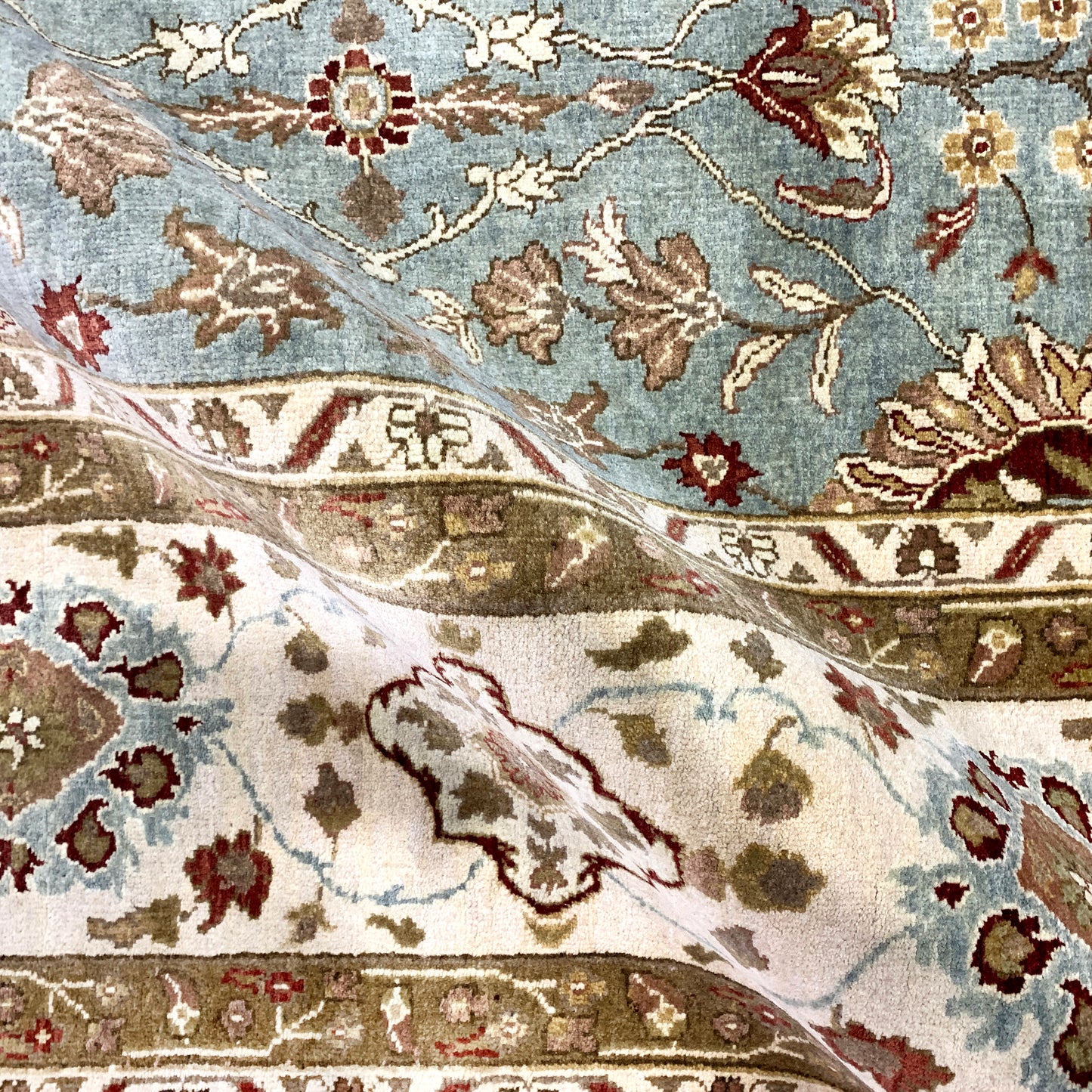 Mughal Light Blue, Ivory and Camel Traditional Jaipur Pure Wool Luxury Handknotted Area Rug