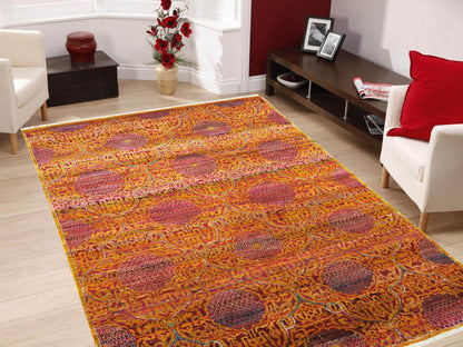 Orange and Pink Pure Sari Silk Modern Handknotted Area Rug