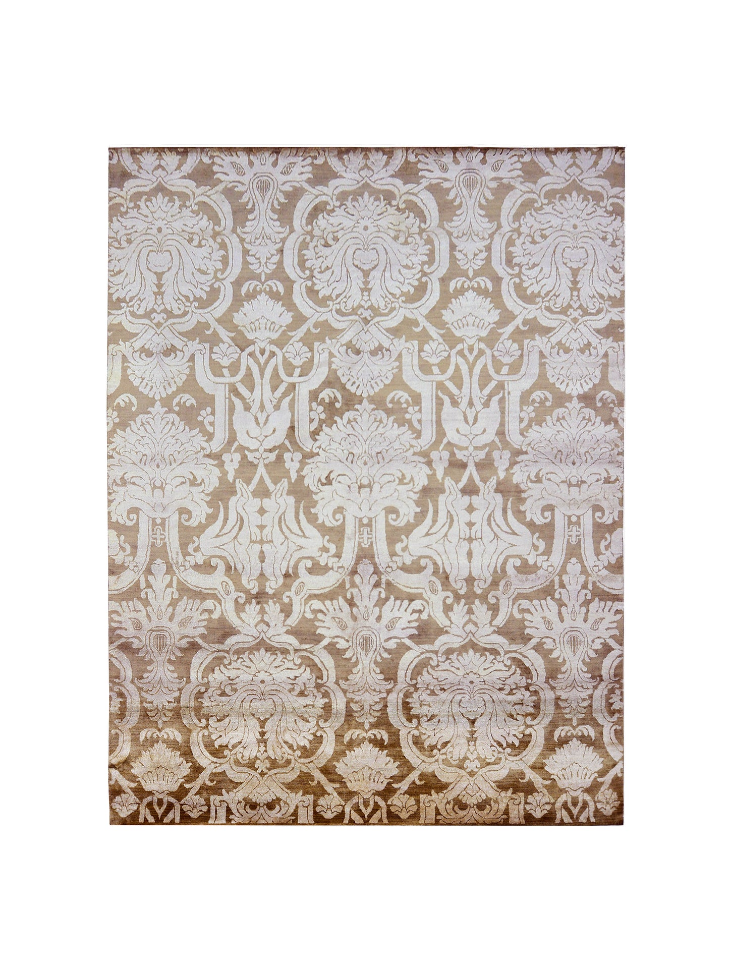 Elegacy Ivory, Camel and Brown Transitional Damask Pure Silk Handknotted Area Rug