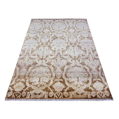 Elegacy Ivory, Camel and Brown Transitional Damask Pure Silk Handknotted Area Rug