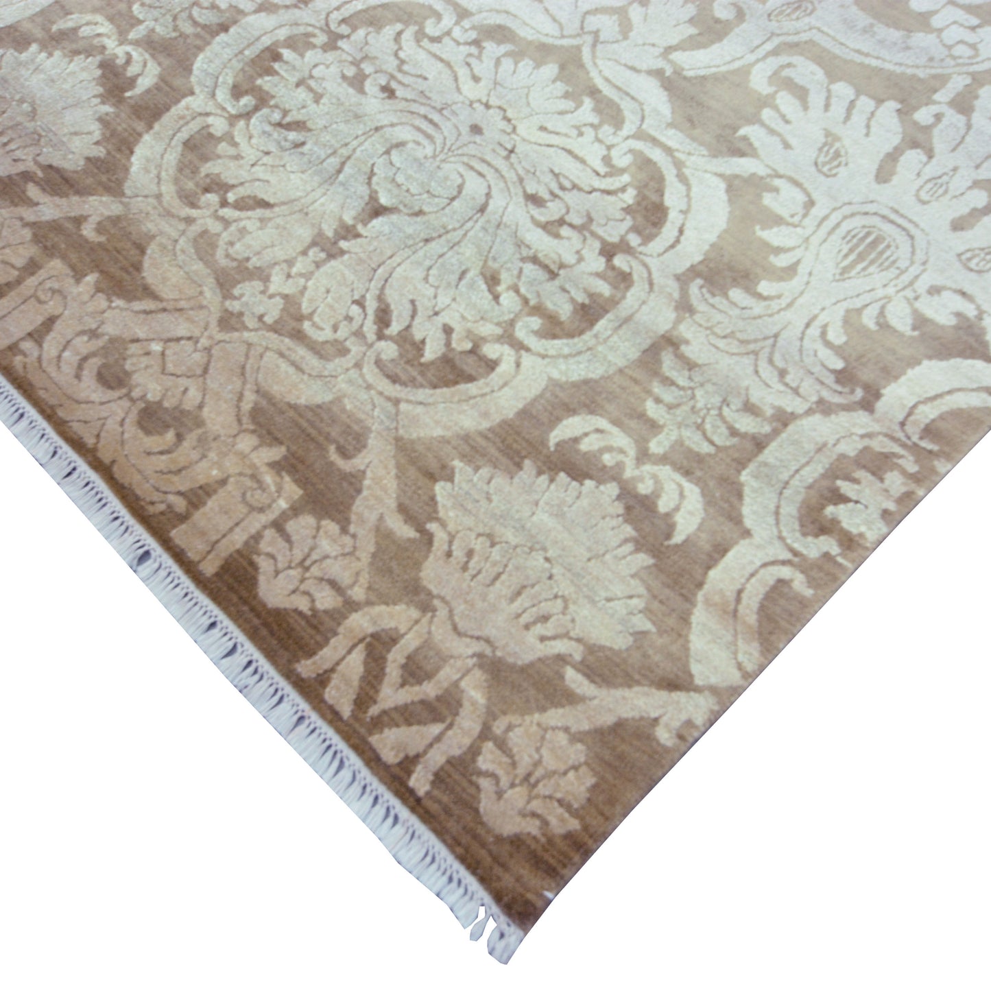 Elegacy Ivory, Camel and Brown Transitional Damask Pure Silk Handknotted Area Rug