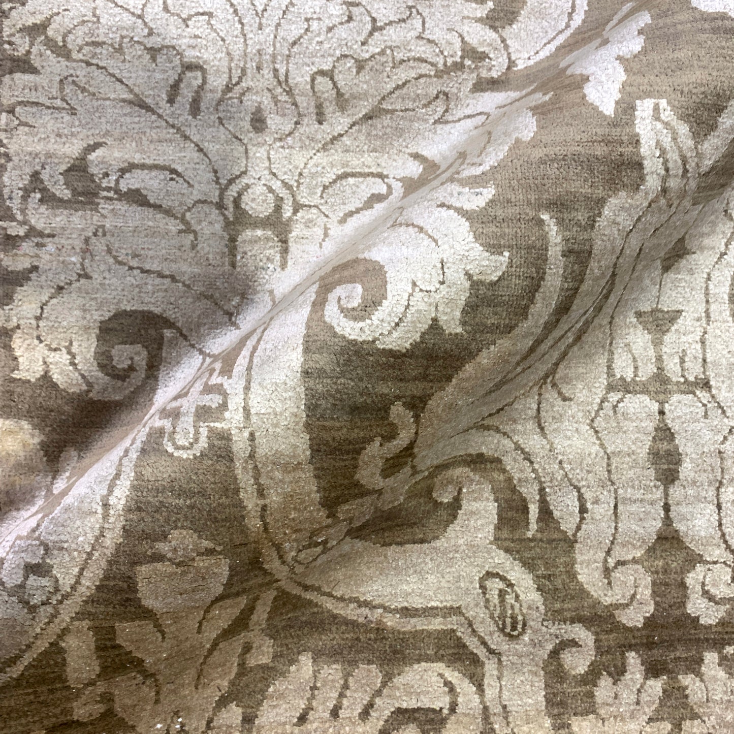 Elegacy Ivory, Camel and Brown Transitional Damask Pure Silk Handknotted Area Rug