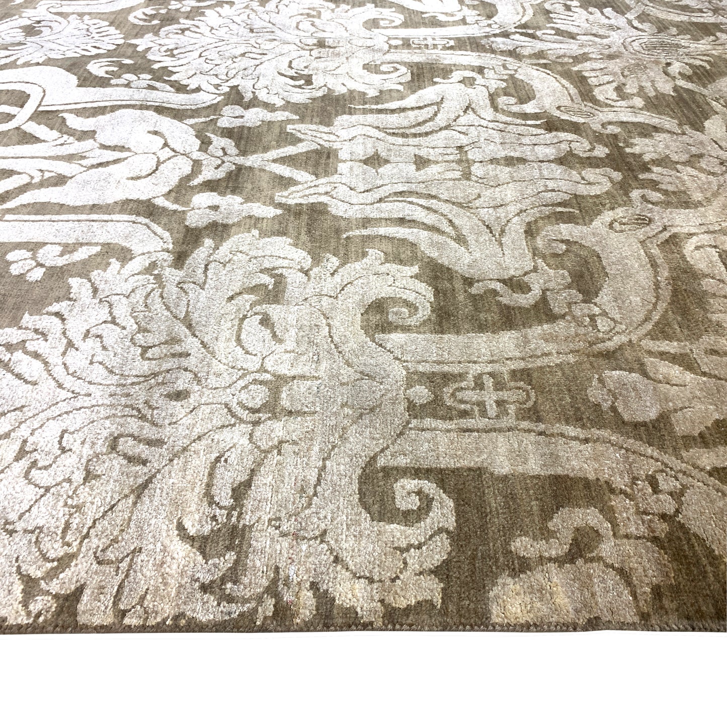 Elegacy Ivory, Camel and Brown Transitional Damask Pure Silk Handknotted Area Rug