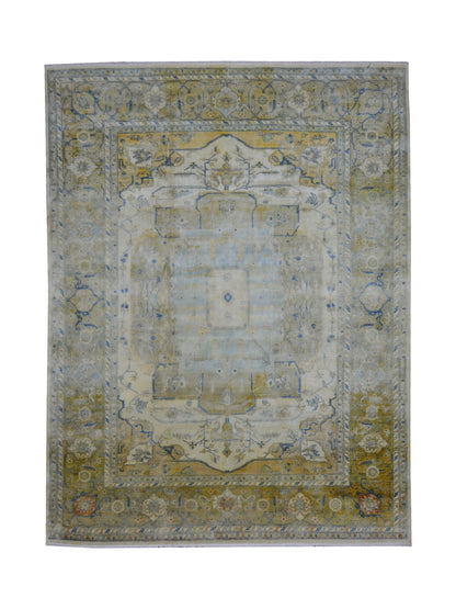 Mahal Rust, Ivory, Yellow and Blue Antique Heriz Luxury Traditional  Pure Wool Handknotted Area Rug