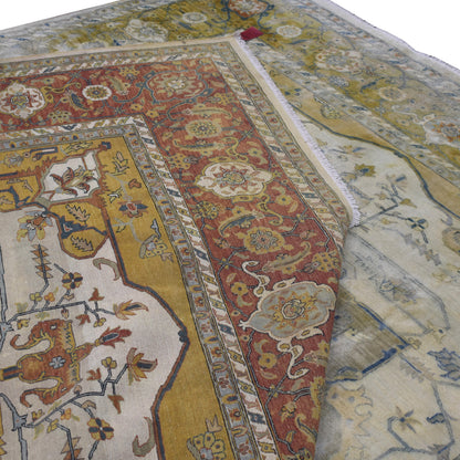 Mahal Rust, Ivory, Yellow and Blue Antique Heriz Luxury Traditional  Pure Wool Handknotted Area Rug