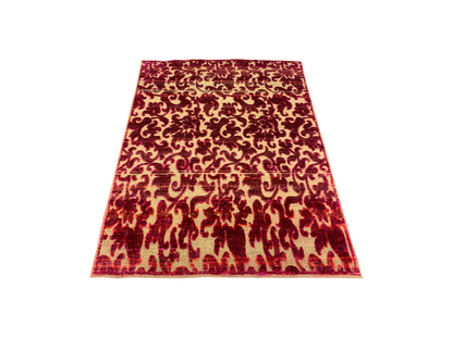 Pink Red Sari Silk Wool Modern Handknotted Area Rug 3.11x5.7Ft 120x168Cms