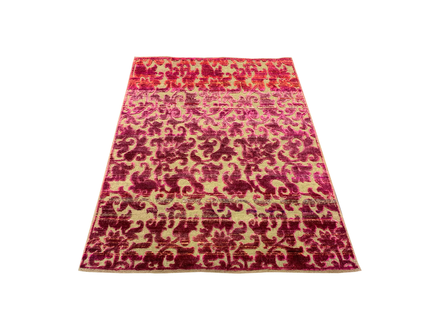 Pink Red Sari Silk Wool Modern Handknotted Area Rug 3.11x5.7Ft 120x168Cms