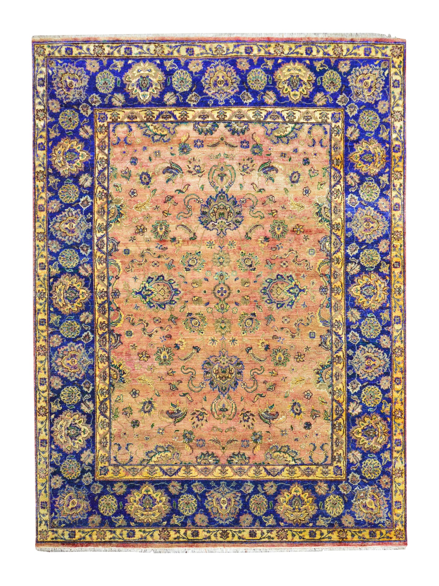 Yellow and Blue Pure Sari Silk Transitional Handknottd Area Rug