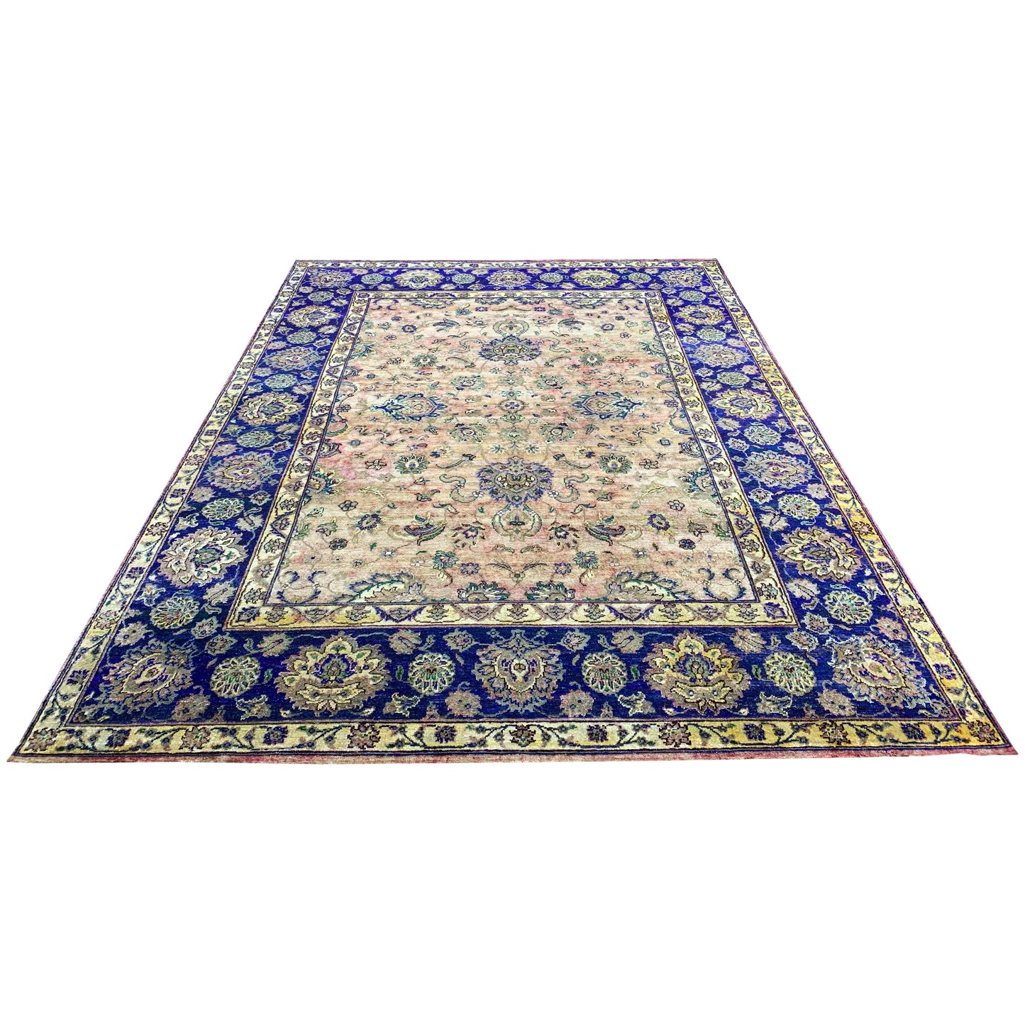 Yellow and Blue Pure Sari Silk Transitional Handknottd Area Rug