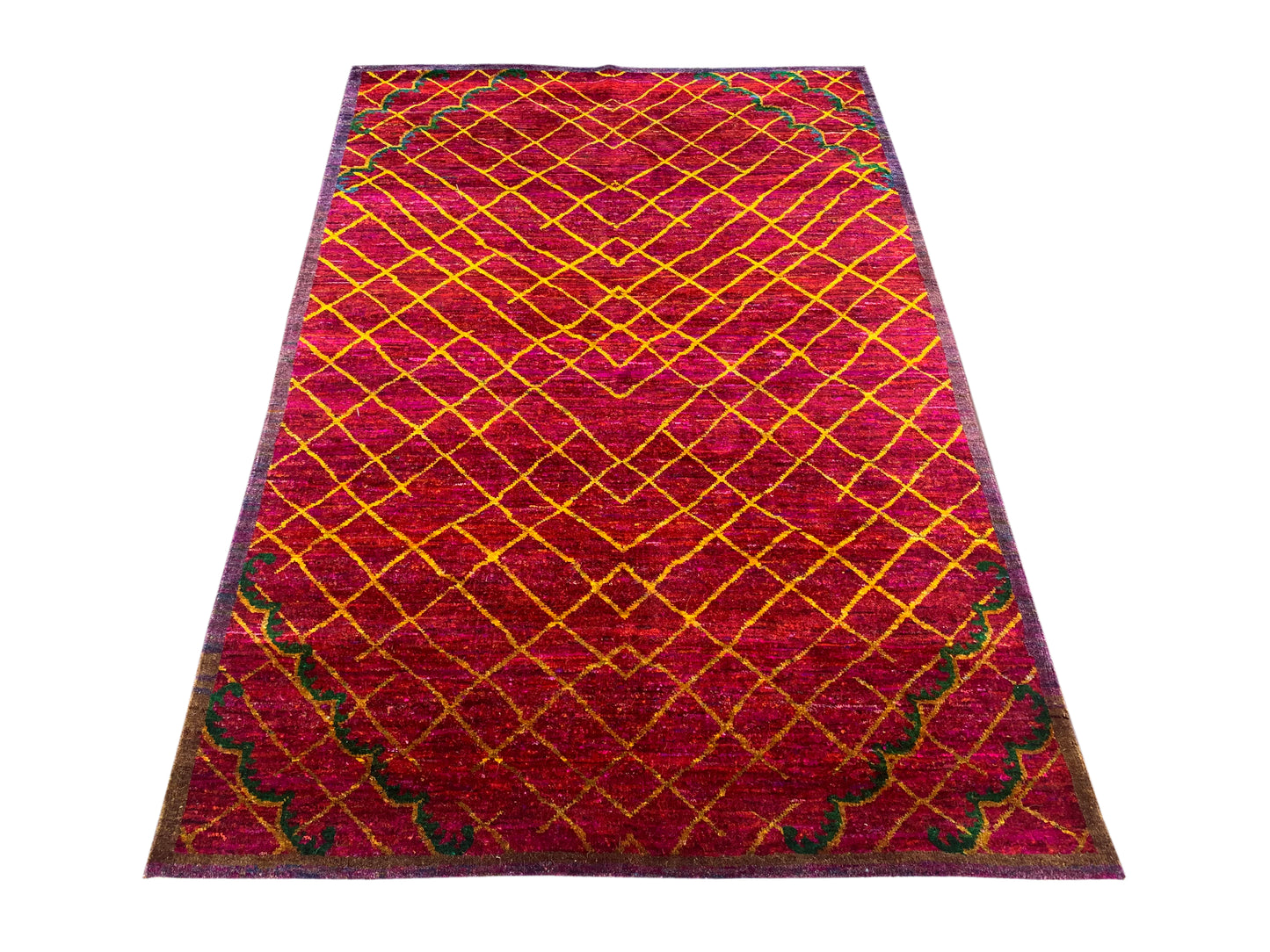 Red and Yellow, Sari Silk Regular Modern Handknotted 4.2x5.11Ft 125x181Cms Area Rug