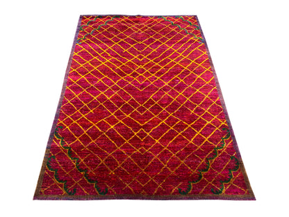 Red and Yellow, Sari Silk Regular Modern Handknotted 4.2x5.11Ft 125x181Cms Area Rug