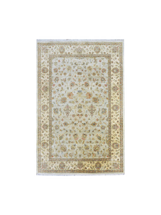 Grey and Ivory, Pure Silk Regular Agra Traditional Handknotted 5.11x8.11Ft 179x273Cms Area Rug