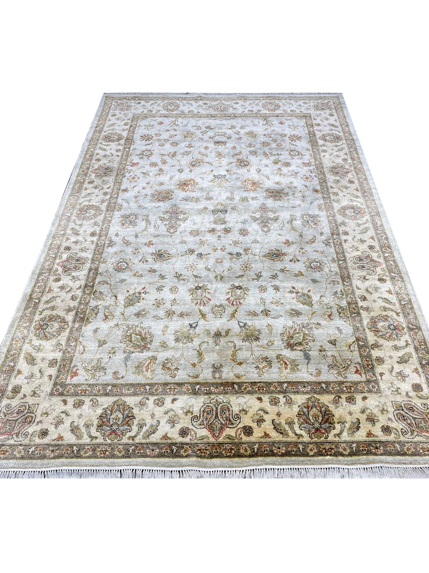 Grey and Ivory, Pure Silk Regular Agra Traditional Handknotted 5.11x8.11Ft 179x273Cms Area Rug