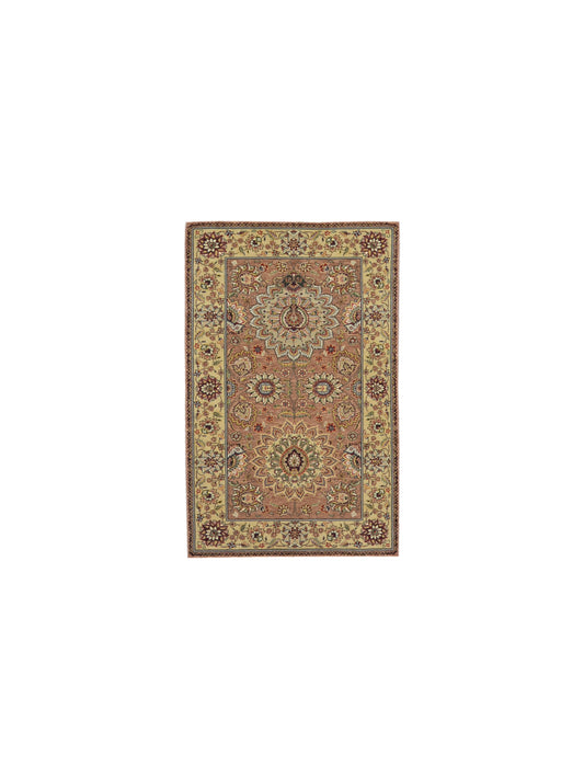 Rust and Ivory, Pure Wool Regular Traditional Handknotted 3.2x4.11Ft 96x150Cms Area Rug