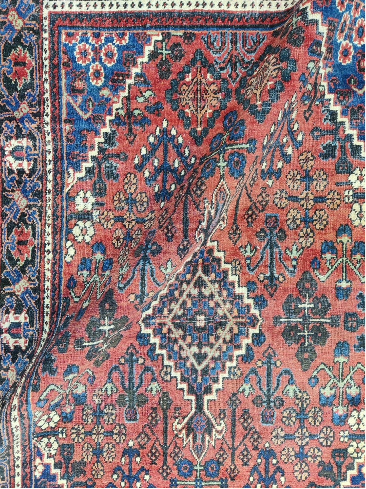 Blue and Rust, Pure Wool Zero Pile Antique Khotan Handknotted 4.0x6.5Ft 122x195Cms Area Rug