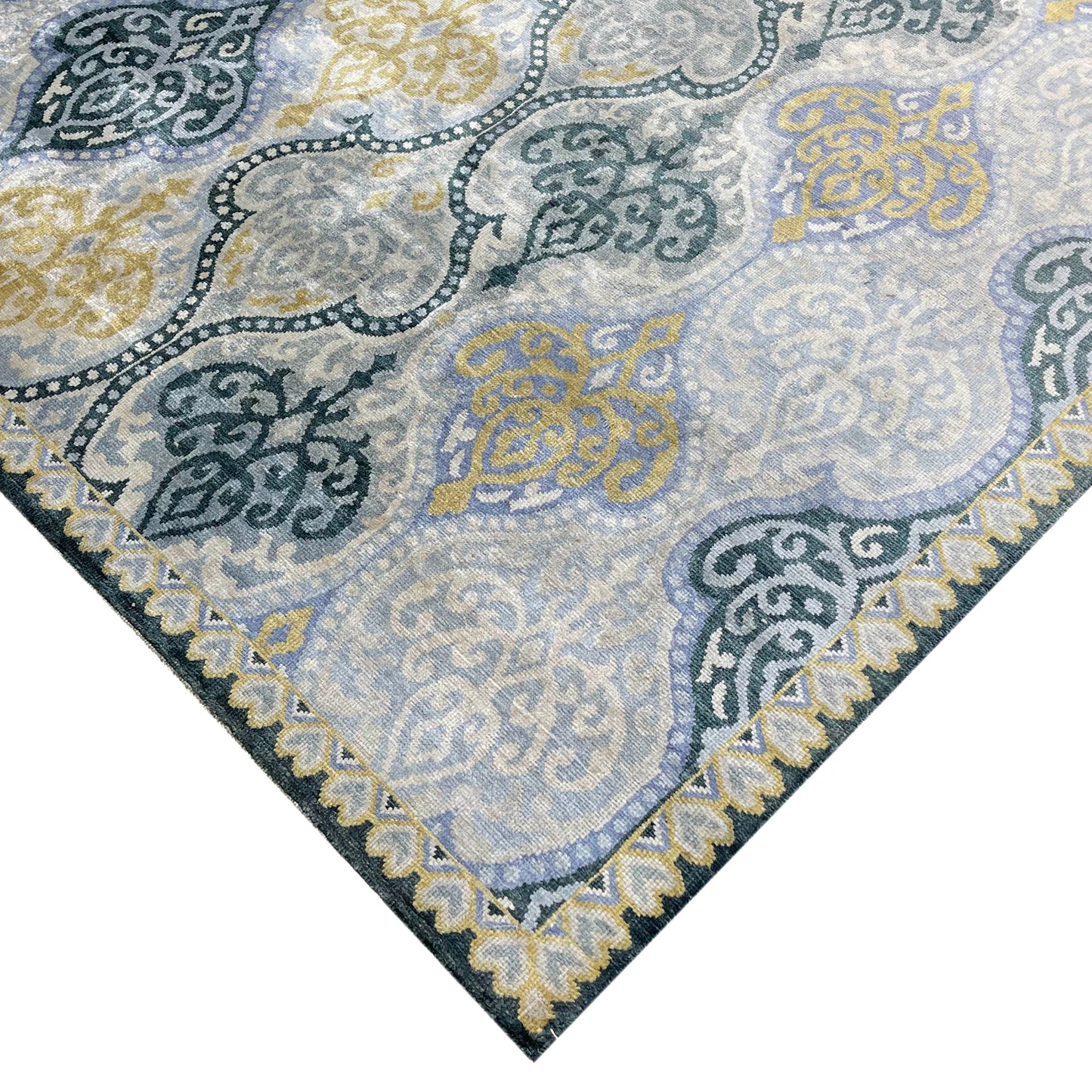 Blue and Grey Pure Silk Transitional Area Handknotted Rug 7.11x10.3ft 240x313Cms