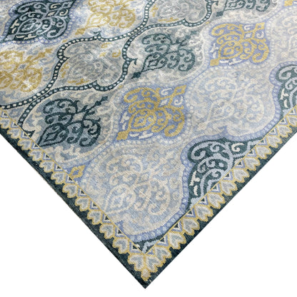 Blue and Grey Pure Silk Transitional Area Handknotted Rug 7.11x10.3ft 240x313Cms