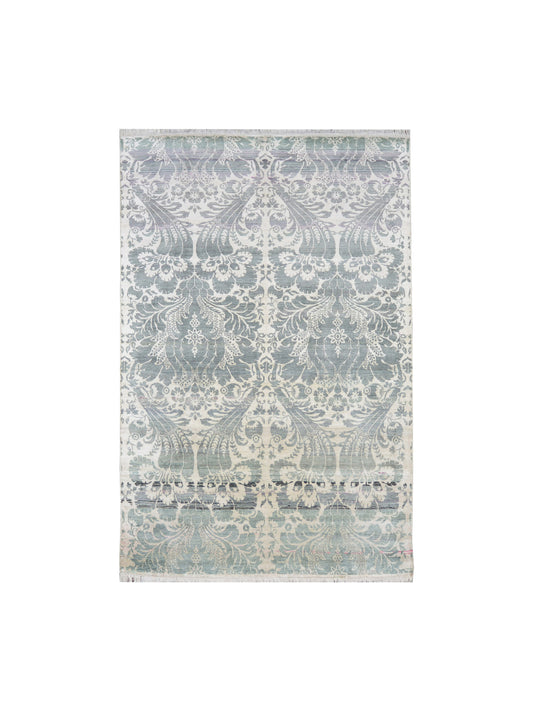 Ivory and Blue Pure Silk Transitional Handknotted Area Rug 5.11x8.11ft 180X271Cms