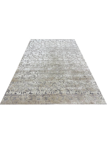 Silver and Brown,  Silk and Wool Oxidized Transitional Handknotted 6.0x9.0Ft 182x275Cms Area Rug