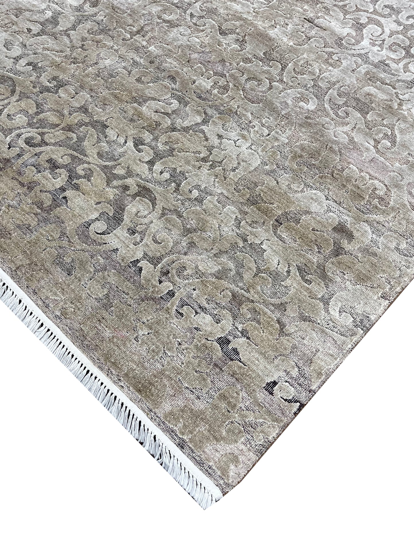 Silver and Brown,  Silk and Wool Oxidized Transitional Handknotted 6.0x9.0Ft 182x275Cms Area Rug