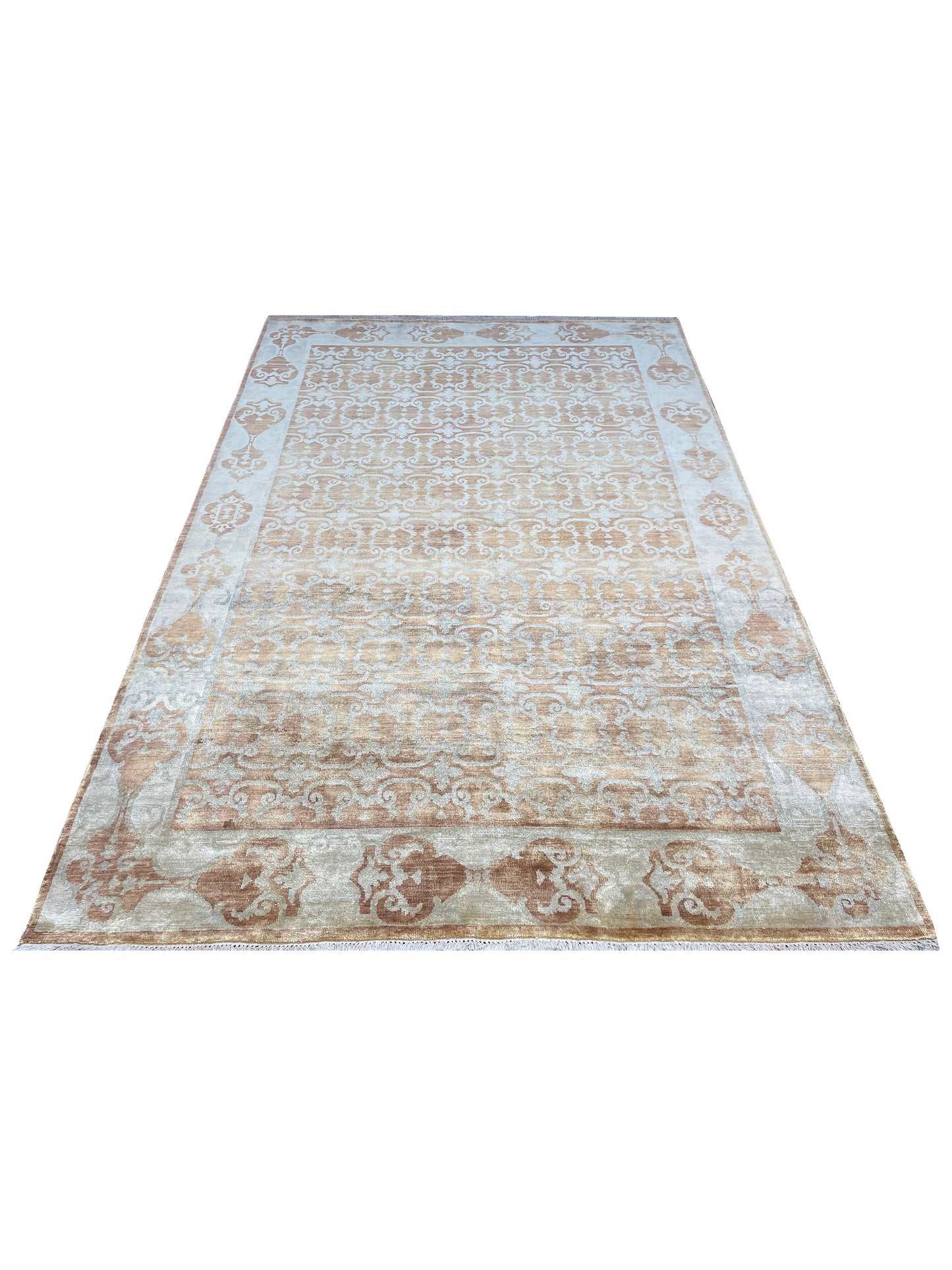 Ivory and Rust Pure Silk Transitional Handknotted Area Rug 6x8.10ft 182x269Cms