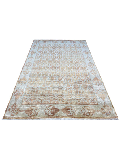 Ivory and Rust Pure Silk Transitional Handknotted Area Rug 6x8.10ft 182x269Cms