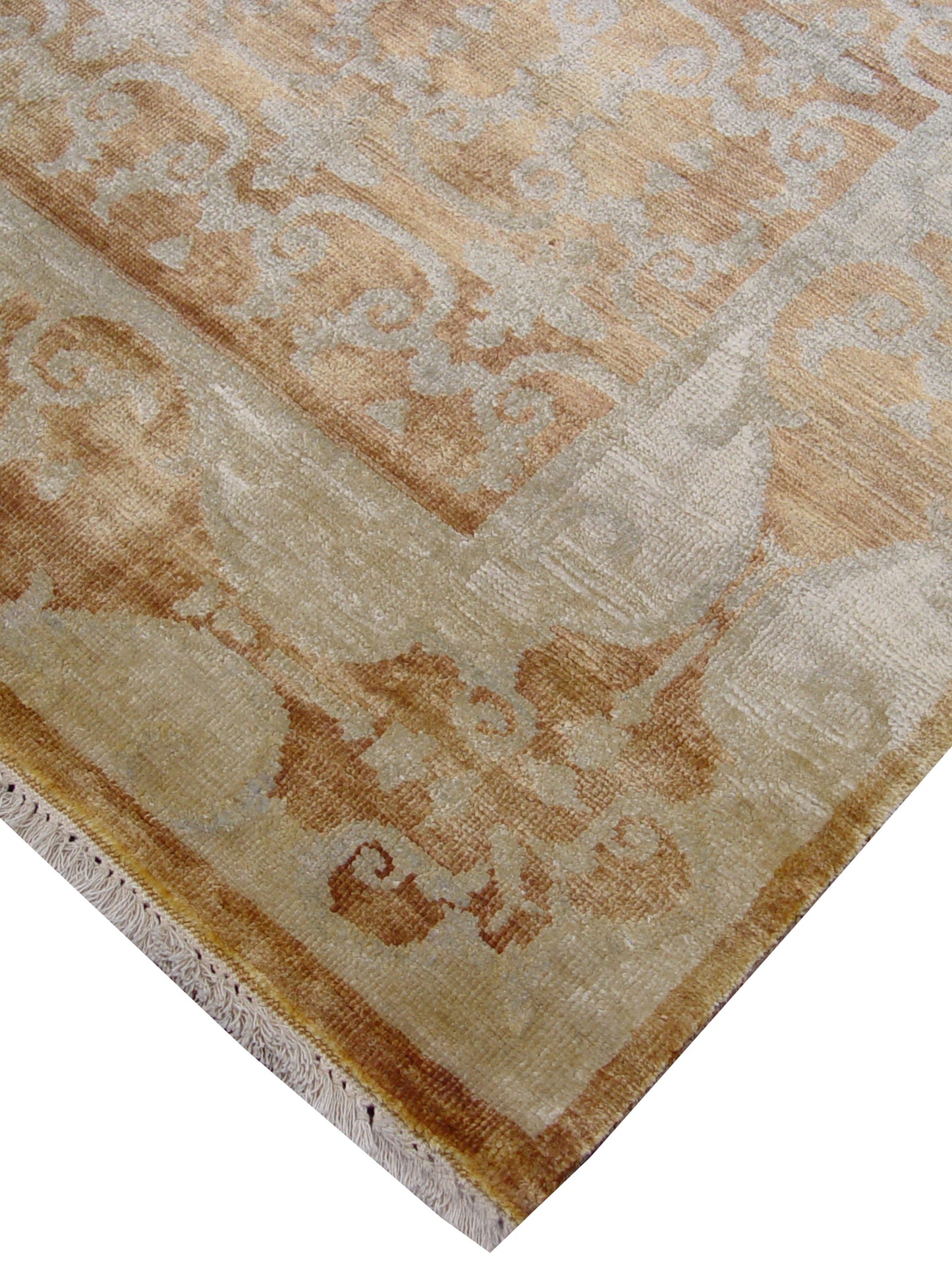 Ivory and Rust Pure Silk Transitional Handknotted Area Rug 6x8.10ft 182x269Cms