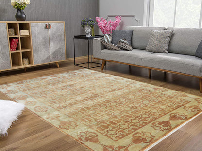 Ivory and Rust Pure Silk Transitional Handknotted Area Rug 6x8.10ft 182x269Cms