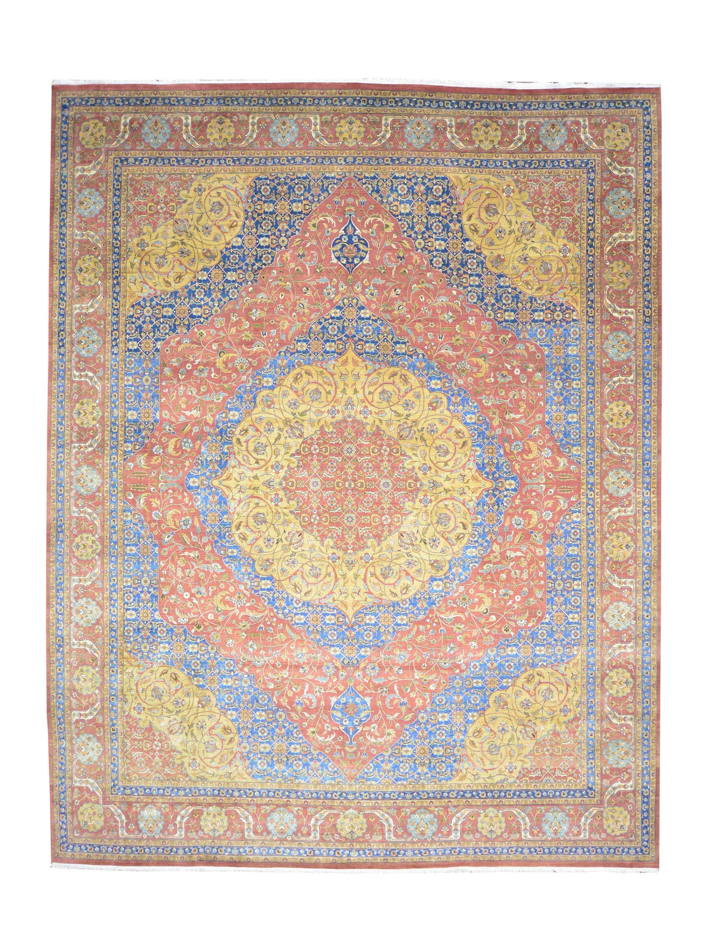 Blue and Yellow, Pure Wool Regular Traditional Handknotted 12.1X15.3Ft 367X464Cms Area Rug
