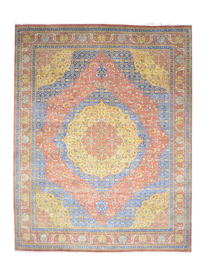 Blue and Yellow, Pure Wool Regular Traditional Handknotted 12.1X15.3Ft 367X464Cms Area Rug