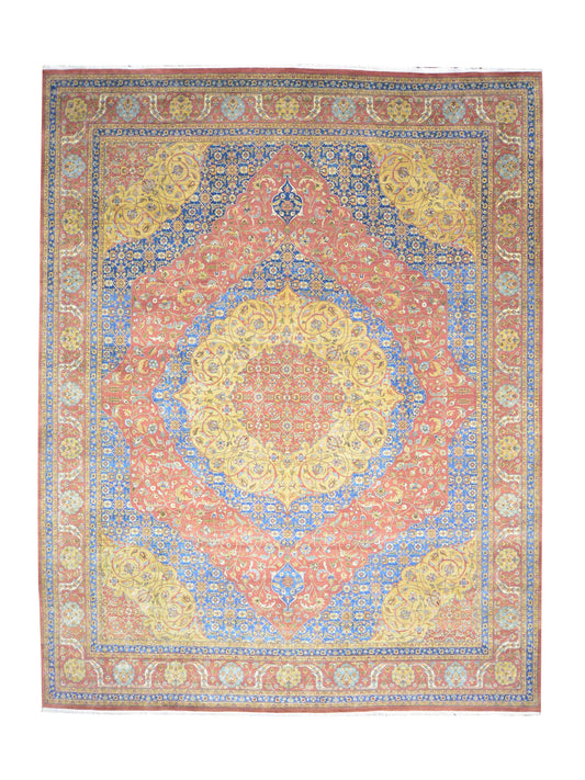 Blue and Yellow, Pure Wool Regular Traditional Handknotted 12.1X15.3Ft 367X464Cms Area Rug