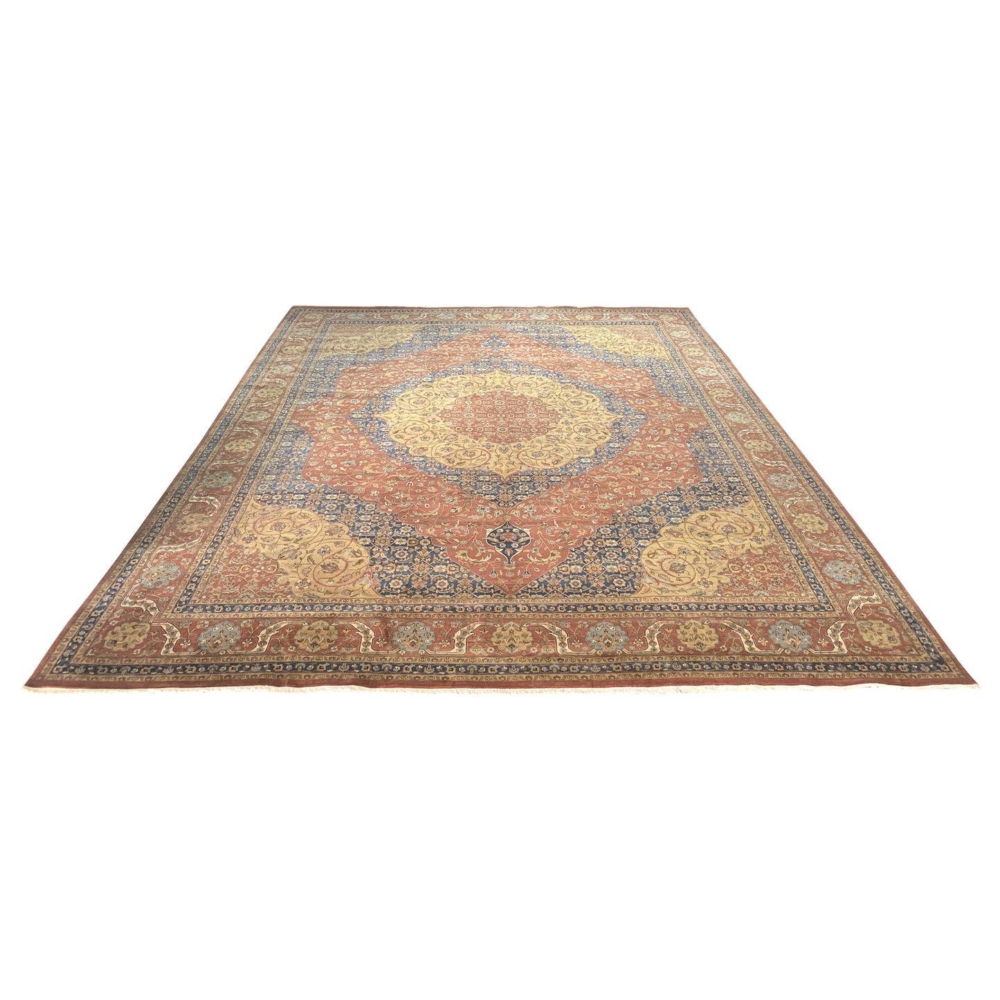 Blue and Yellow, Pure Wool Regular Traditional Handknotted 12.1X15.3Ft 367X464Cms Area Rug