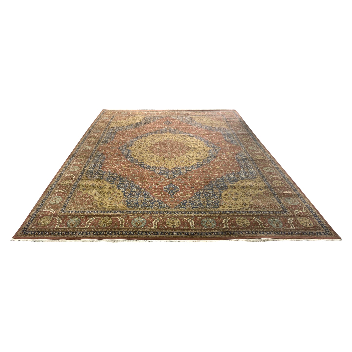 Blue and Yellow, Pure Wool Regular Traditional Handknotted 12.1X15.3Ft 367X464Cms Area Rug