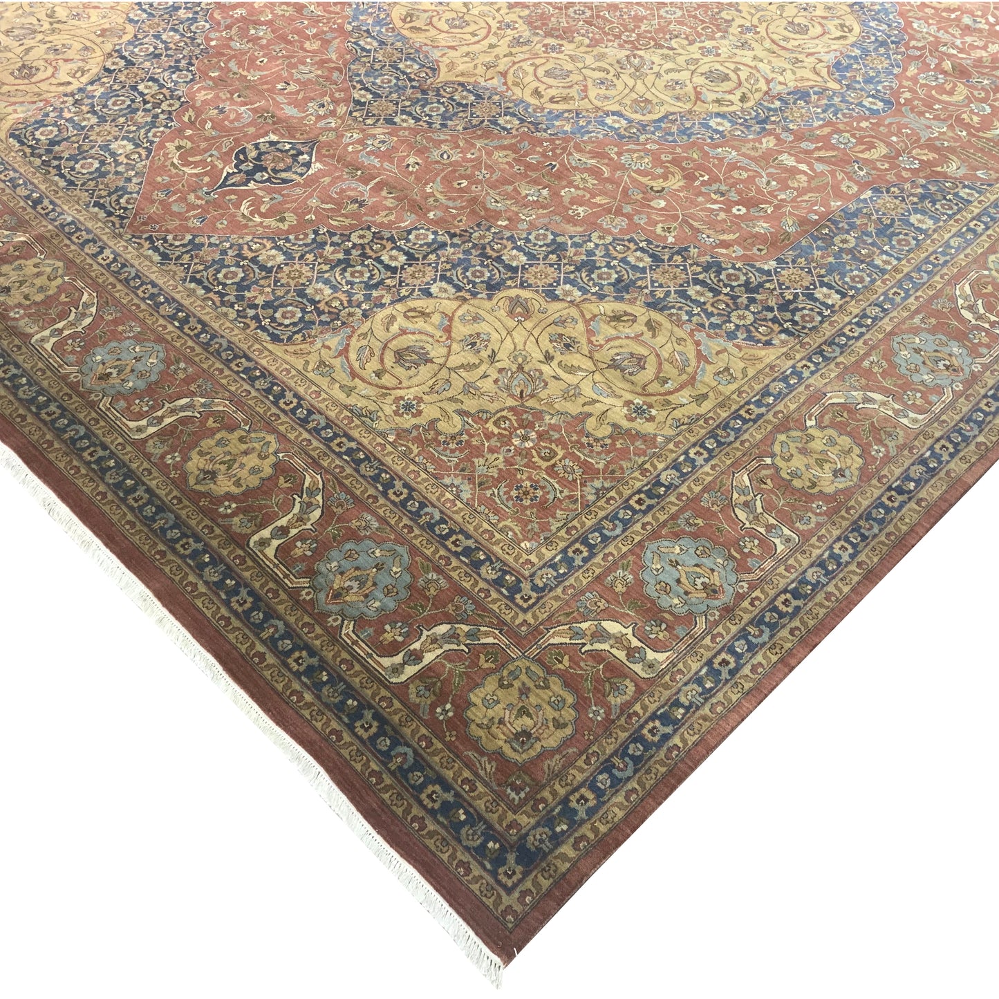 Blue and Yellow, Pure Wool Regular Traditional Handknotted 12.1X15.3Ft 367X464Cms Area Rug