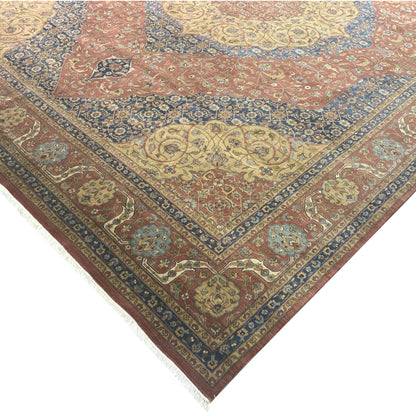 Blue and Yellow, Pure Wool Regular Traditional Handknotted 12.1X15.3Ft 367X464Cms Area Rug