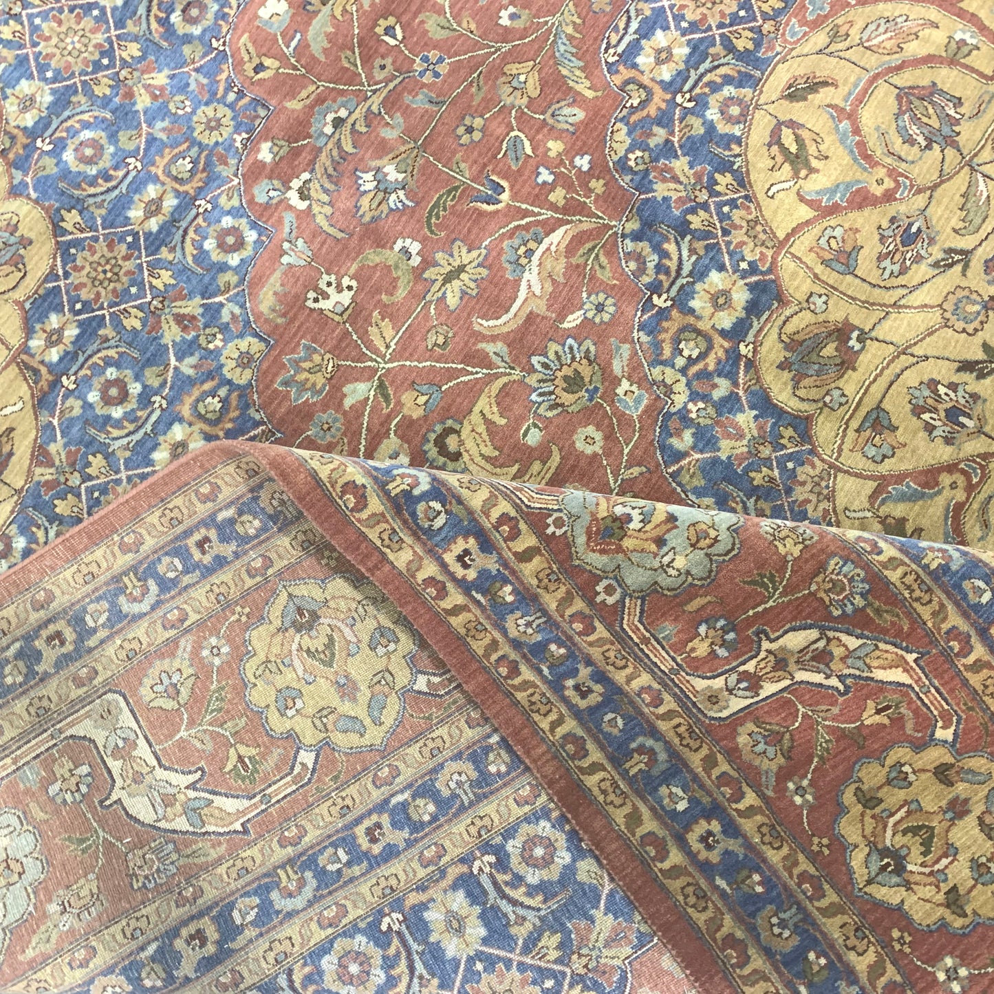 Blue and Yellow, Pure Wool Regular Traditional Handknotted 12.1X15.3Ft 367X464Cms Area Rug