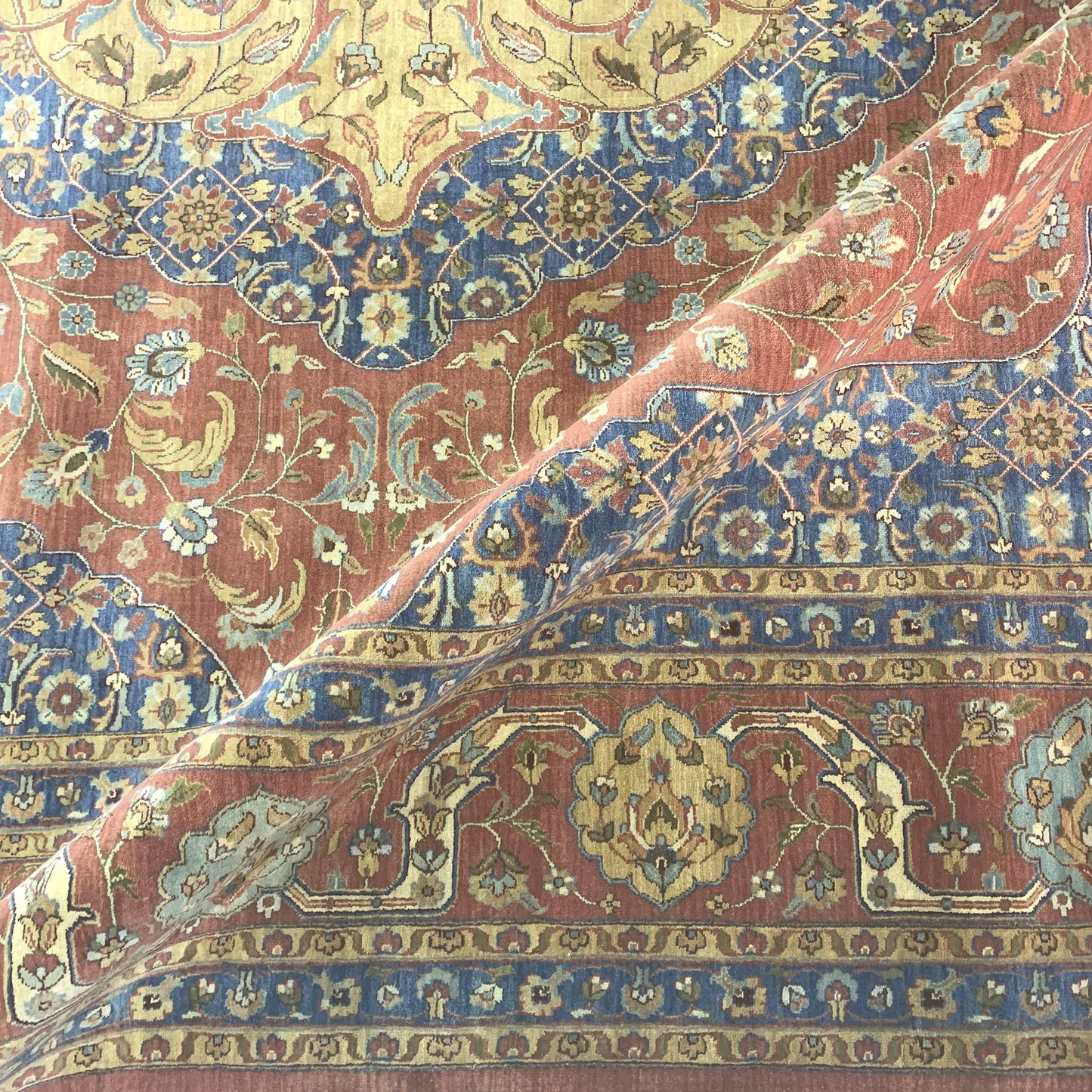 Blue and Yellow, Pure Wool Regular Traditional Handknotted 12.1X15.3Ft 367X464Cms Area Rug