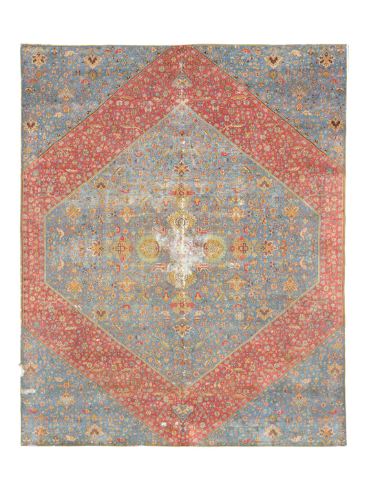 Red and Blue, Pure Wool Antique Handknotted 13.8x15.5Ft 417x470Cms Area Rug