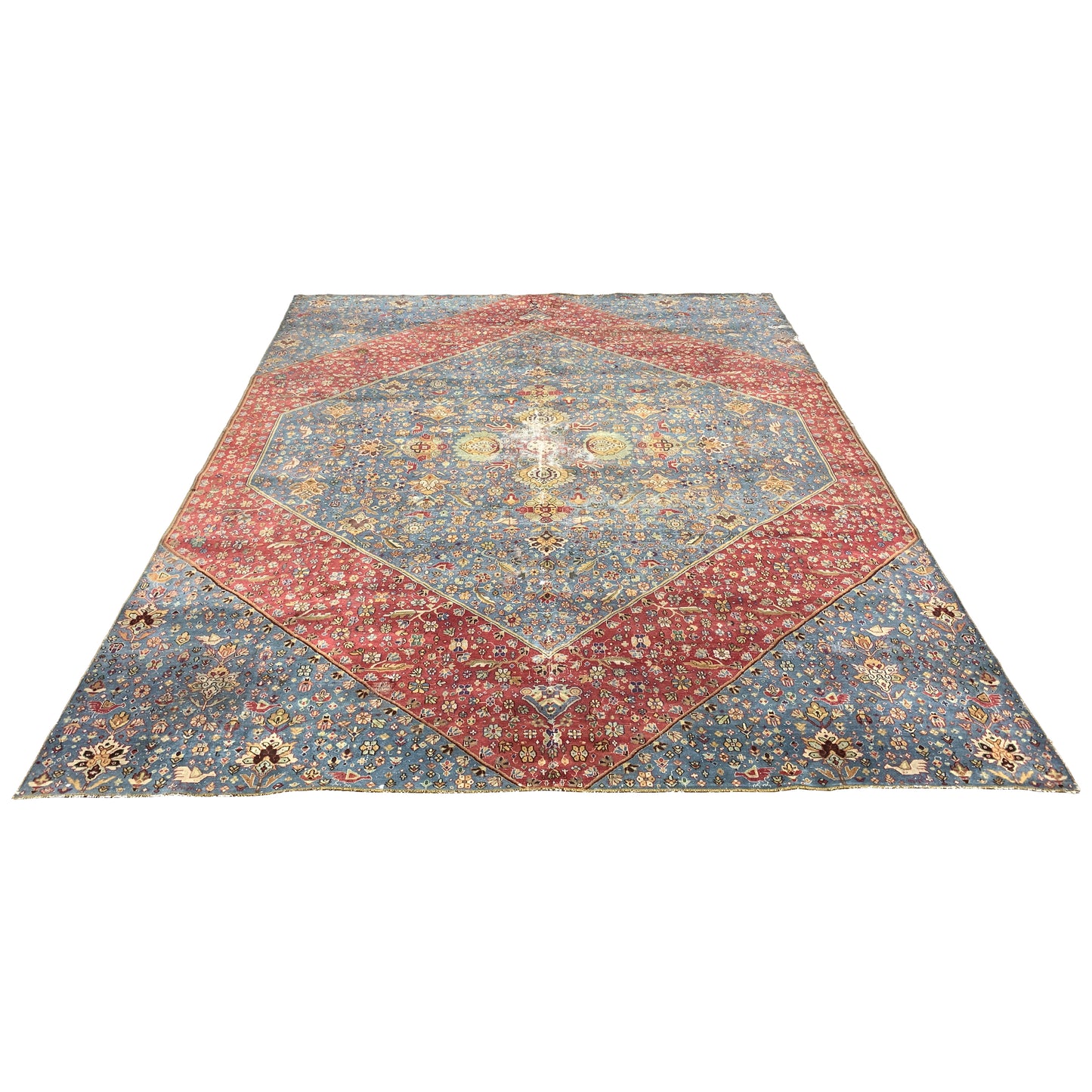 Red and Blue, Pure Wool Antique Handknotted 13.8x15.5Ft 417x470Cms Area Rug