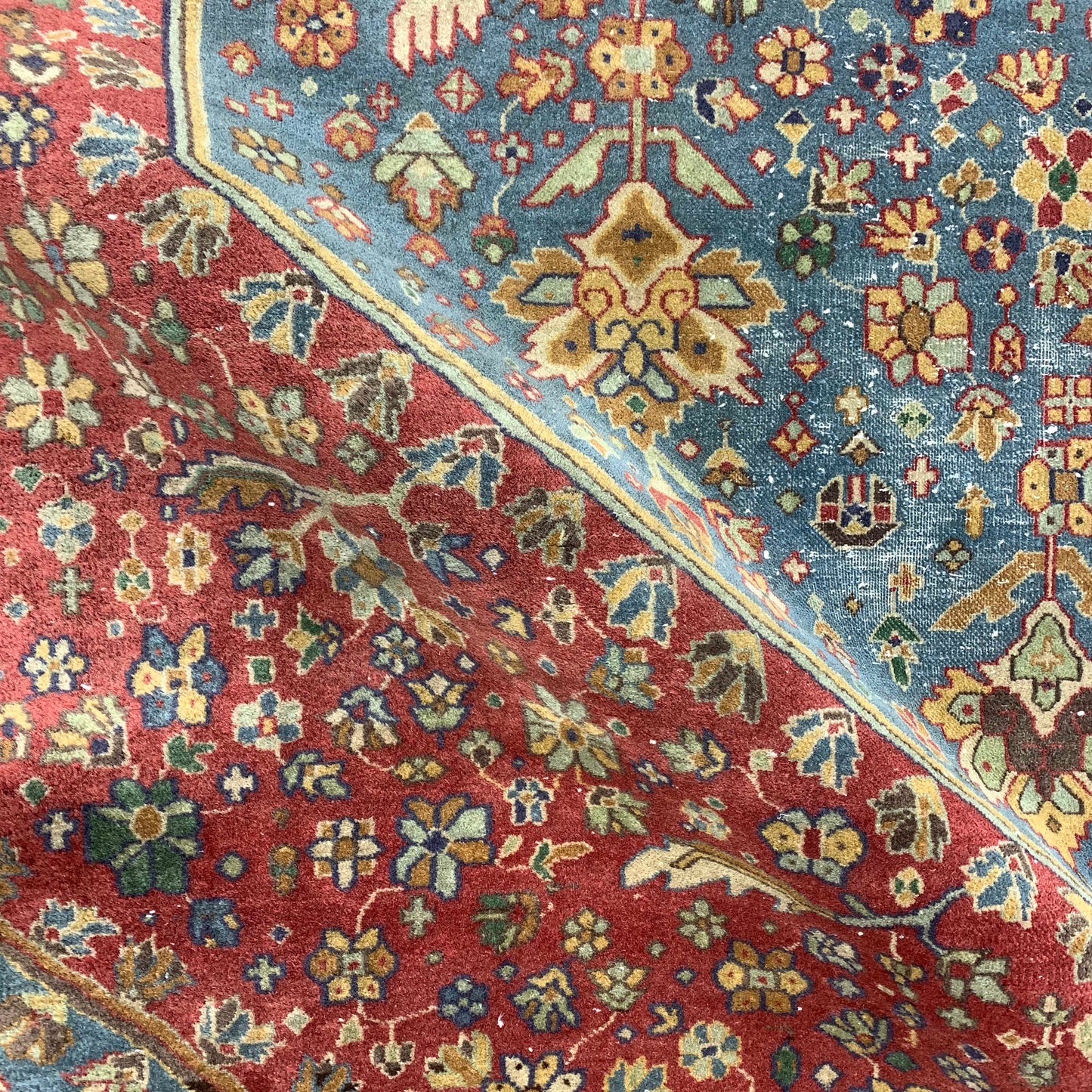 Red and Blue, Pure Wool Antique Handknotted 13.8x15.5Ft 417x470Cms Area Rug