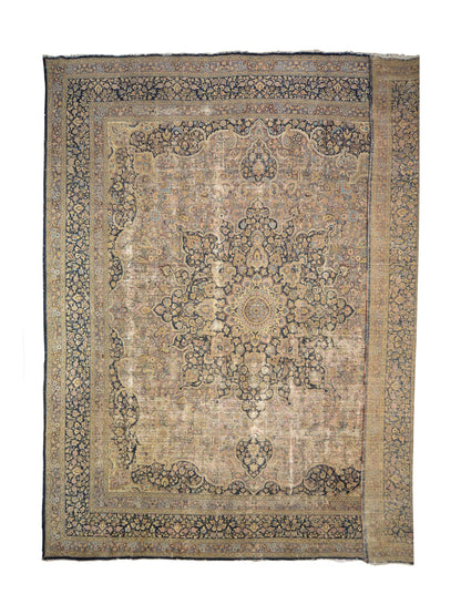 Camel and Black, Pure Wool Antique Handknotted 13.8x15.5Ft 417x470Cms Area Rug